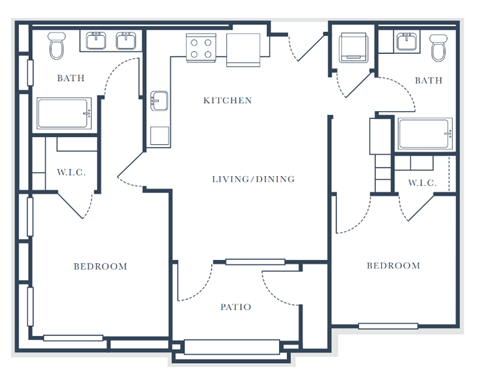 Floor plan for 2 beds, 2 baths, 952 sqft